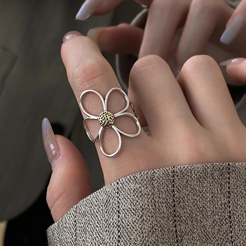 VENTFILLE 925 Sterling Silve Flower Ring for Women Gift Hollow Out Design Retro Hip Hop Versatile Jewelry Party Gift Dropship