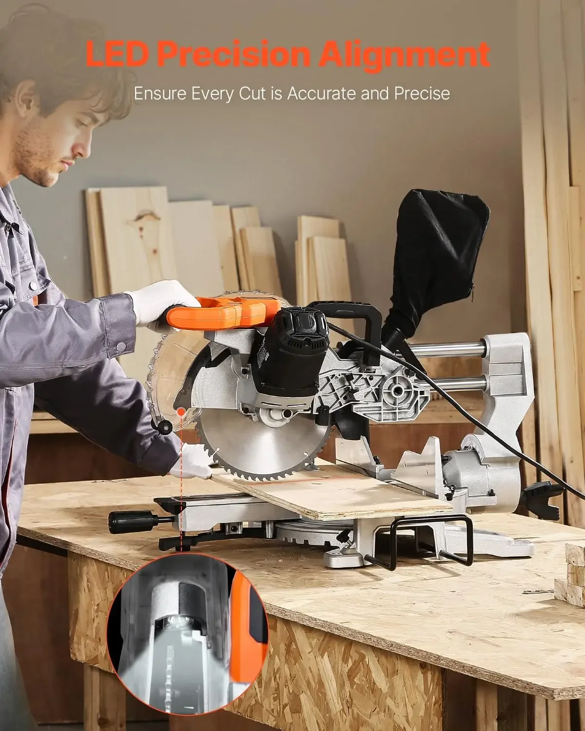Sliding Compound Miter Saw, 10-Inch Blade, 15 Amp Motor, 60-Tooth, Corded Double Bevel Sliding Miter Saw, LED Precision Alignmen