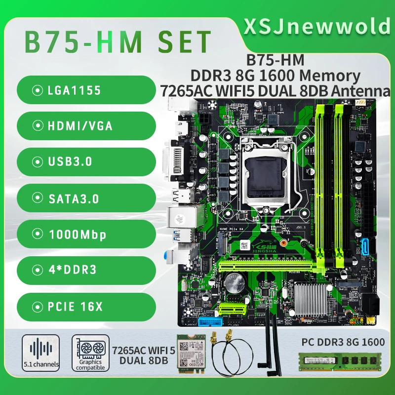 

B75-HM Motherboard LGA 1155 DDR3 8G 1600 Memory And 7265AC WIF Gigabit Dual Band Wireless Network USB3.0 SATA3 NVME M.2 Pl