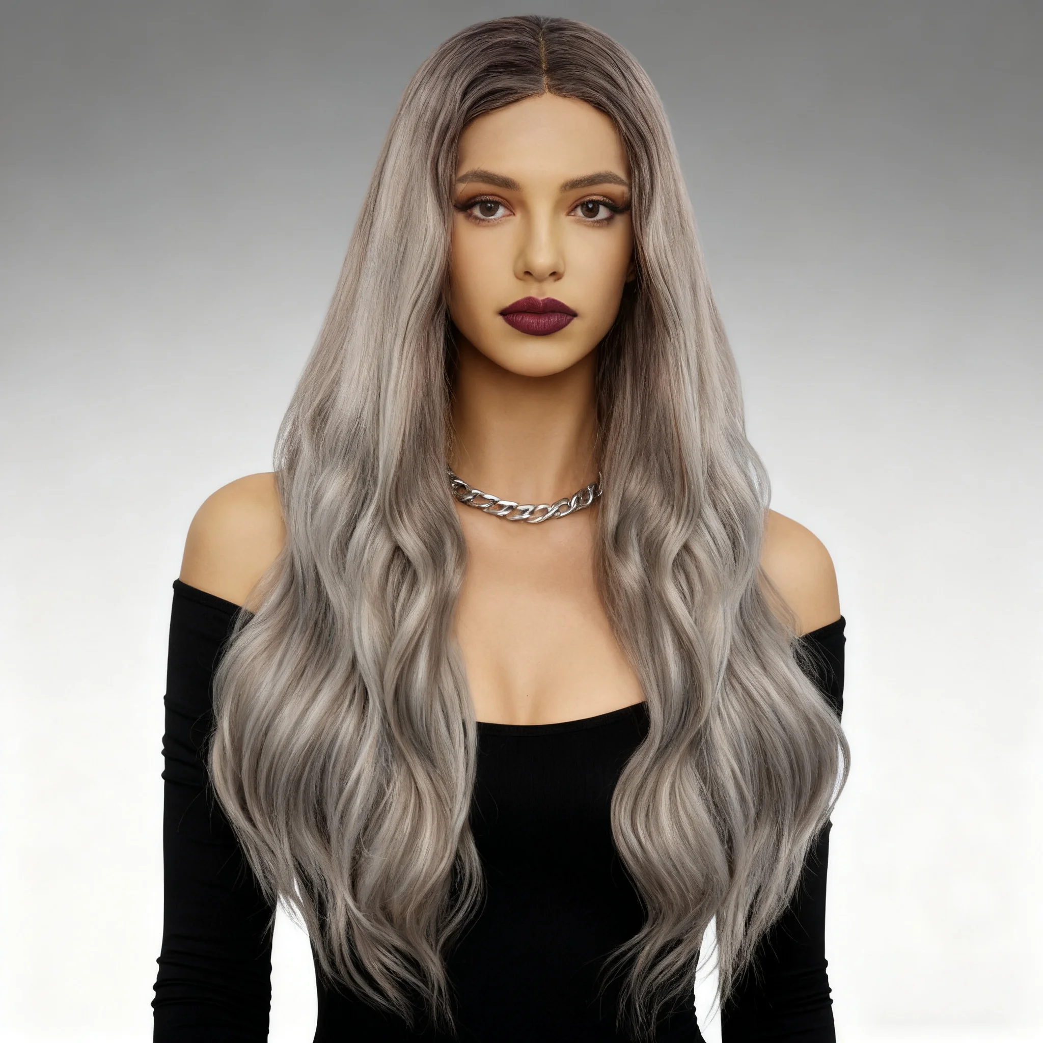 

13*3,5*1 Т-образный синтетический парик фронта шнурка, 28-дюймовый серый волнистый парик фронта шнурка, подходящий для женских повседневных собраний.