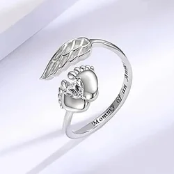 CAOSHI Baby Foot and Angel Wing Ring for Women Bright Heart Zirconia Love Jewelry for Mother's Day Fashion Delicate Accessories