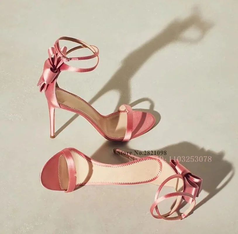 Pink Satin Bow Evening Prom Stiletto Stiletto Sandals Ankle Strap Heeled Pointy Toe Thin High Heel Women Summer Fashion Shoes