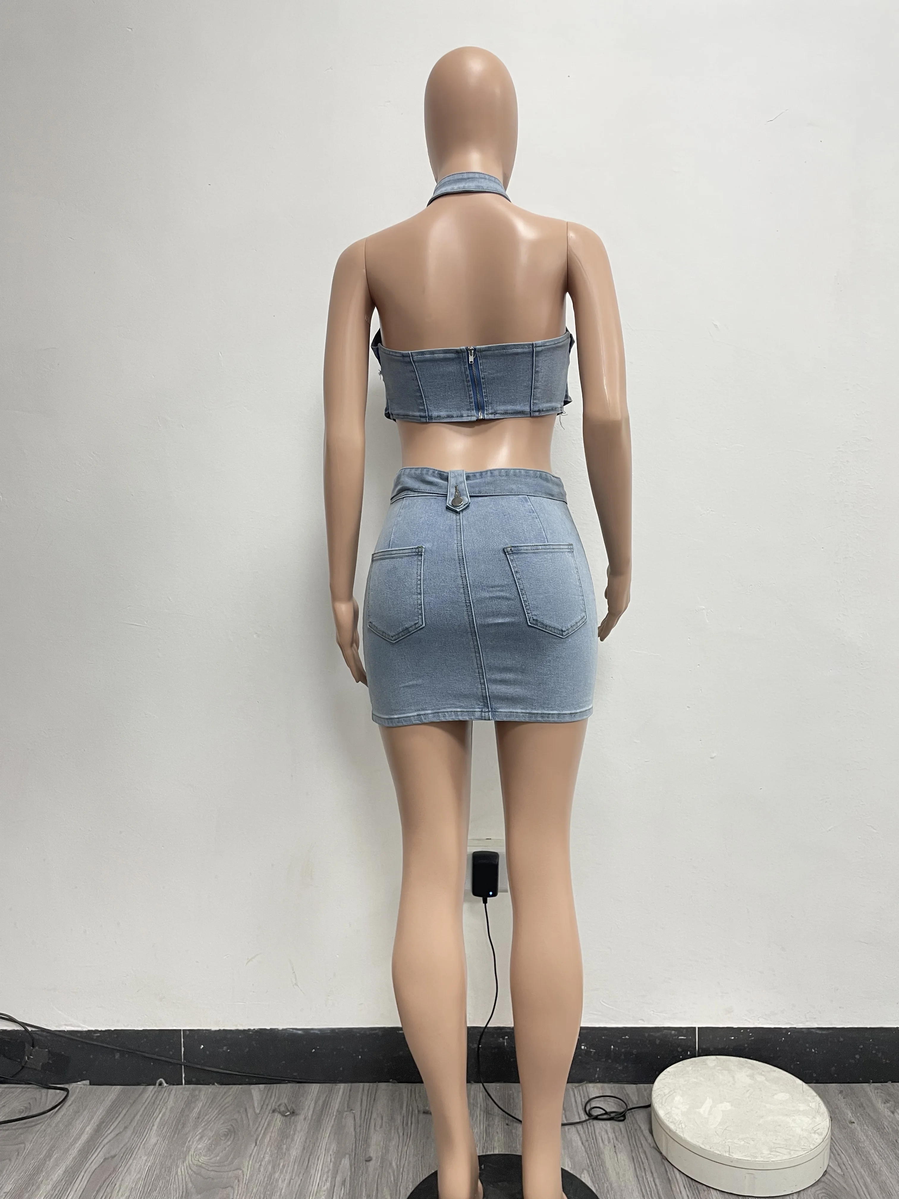 Summer stretch denim two pieces skirt set with backless halter denim top and mini denim skirt