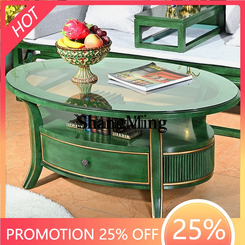 CL  wood oval coffee table retro living room tea table double panel coffee table