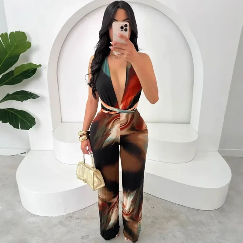 

Sexy Halter Deep V-neck Backless Romper Woman Jumpsuit Wide Leg Pants Sleeveless Print One Piece Overalls Vacation Summer Outfit