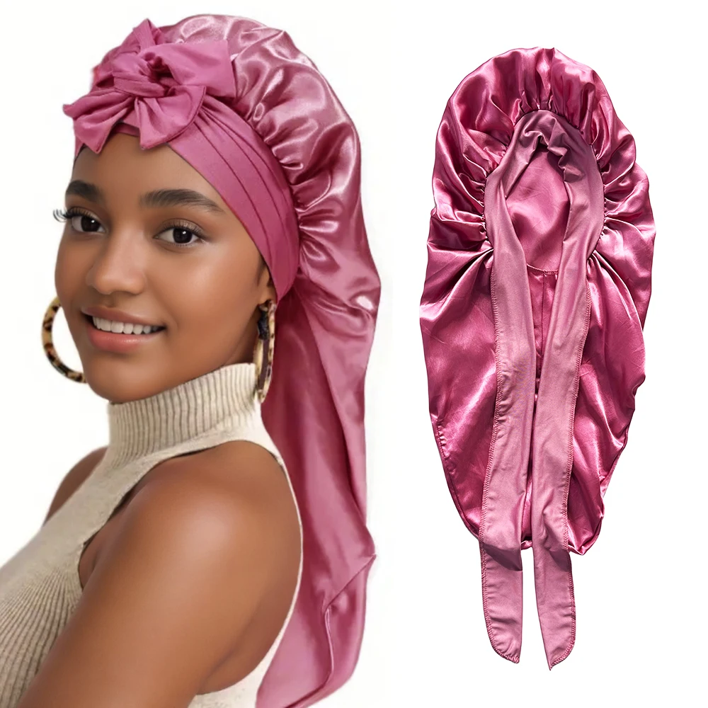 2Pcs Einfarbig Bowknot Geflecht Motorhaube Klassische Lange Satin Bonnets Weiche Frauen Schlafen Nacht Kappe Atmungsaktive Haar Bonnets – Detail 2