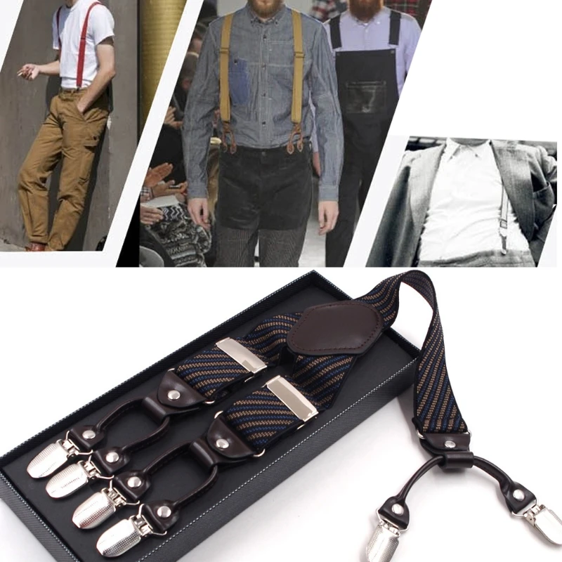 Men Stripe Y-Shape Suspender With Non-Slip 6 Clips Elastic Adjustable Pant Braces