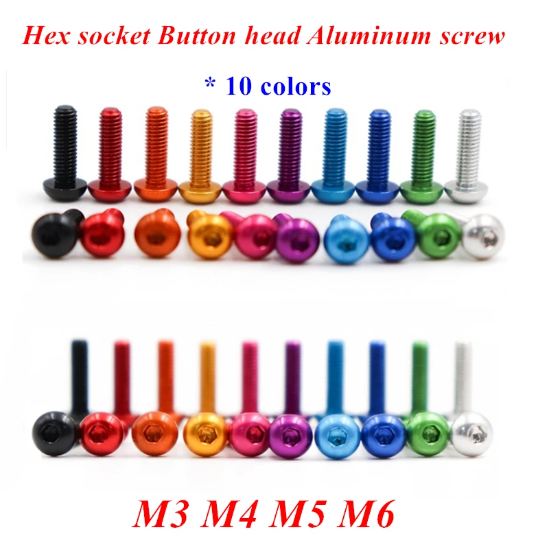 10pcs ISO7380 Aluminum Allen Round Screw M3 M4 M5 M6 Colourful Aluminum Alloy Hex Hexagon Socket Button Head Machine Screw Bolts