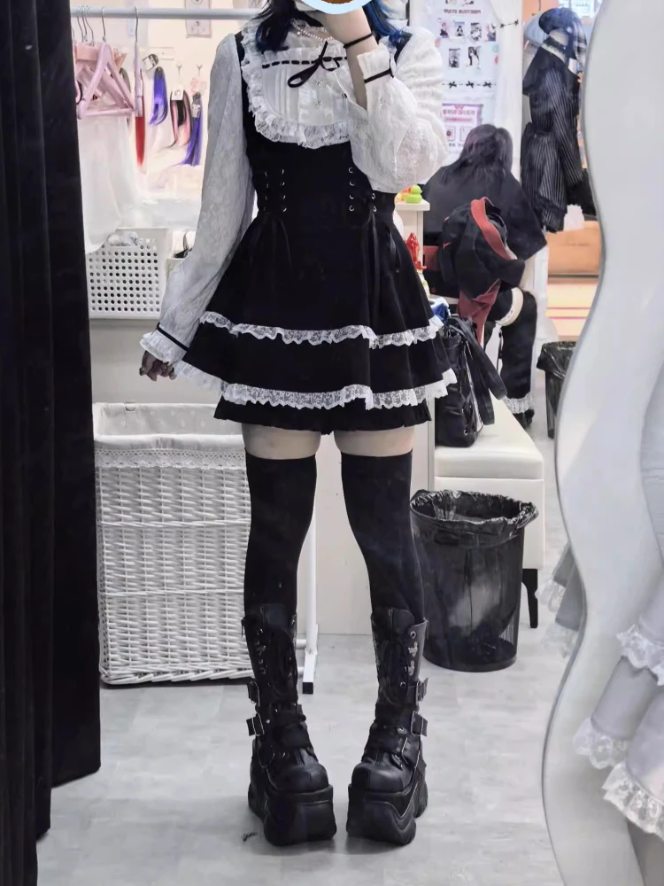 

Japanese Lolita Gothic Bow 2 Piece Set Women Sweet Elegant Lace Bandage Dress Tops Slim High Waist Shorts Y2k Party Dress Set