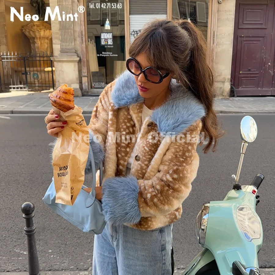 Neo Mint 2026 Autumn Trendy Bambi Girls Fur Coat Women Winter Cute Deer Print Short Faux Mink Fur Jacket Chic Fur Trim Outerwear