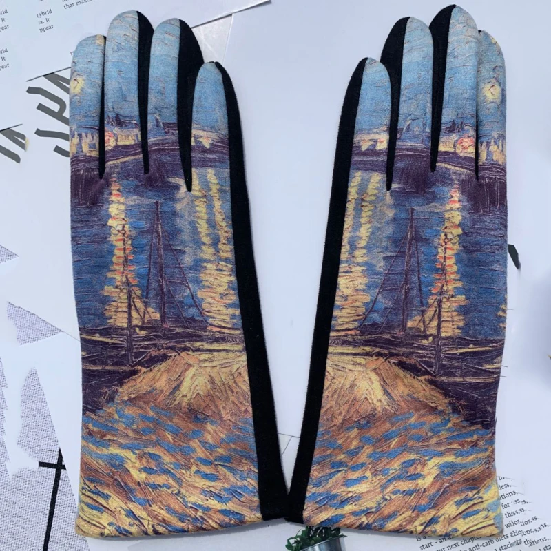 Women Autumn Winter Keep Warm Touch Screen Oil Painting Literary Fashion Personality Gloves Elasticity Drive Cycling Retro Opera