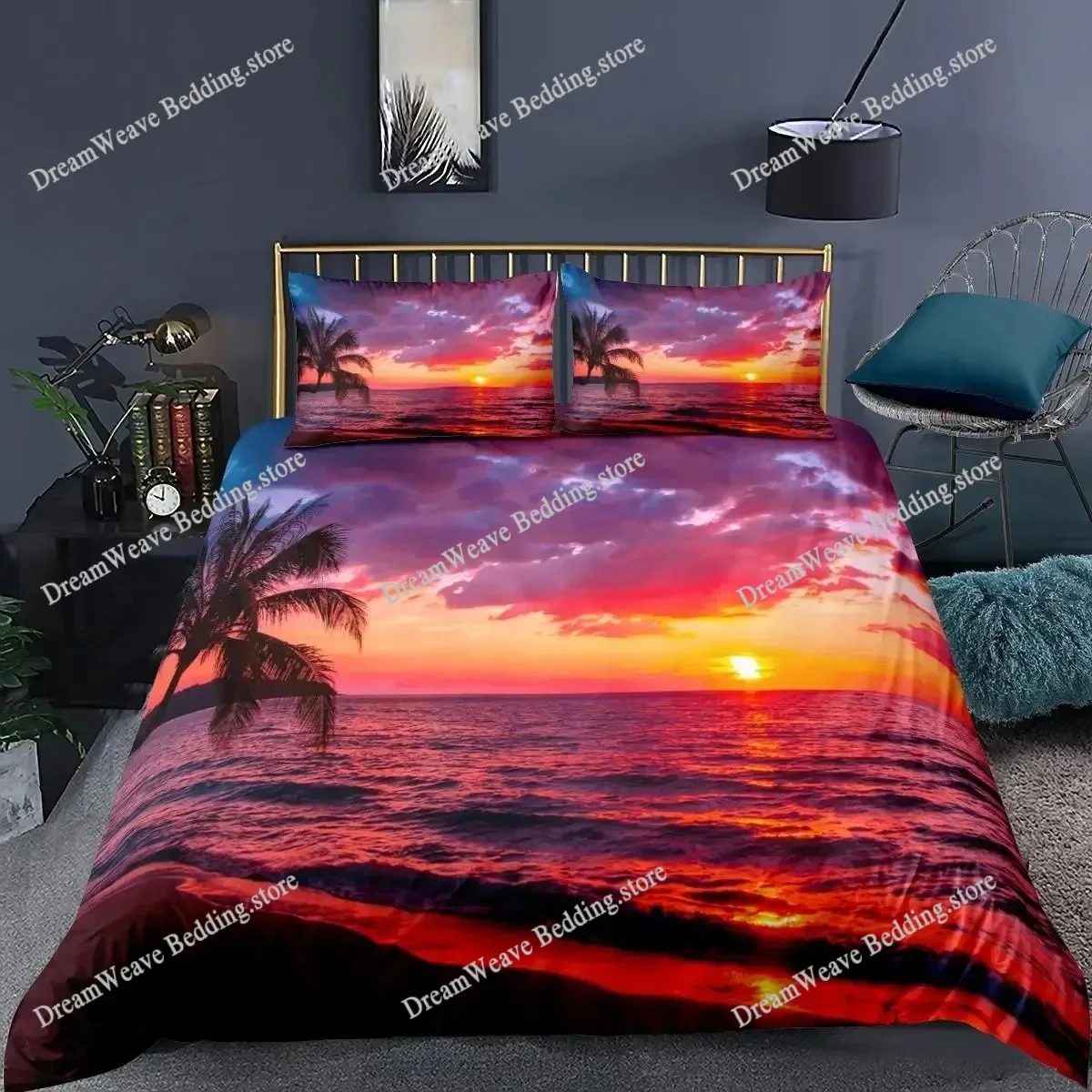 

Ocean Beach Duvet Cover Set King Microfiber Tropical Sunset Beach with Palm Trees Bedding Set Peaceful Ocean Evening Quilt Cover