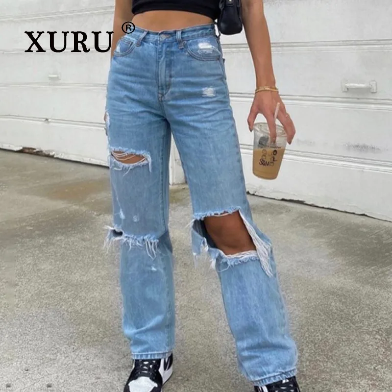 

XURU - New Women's Perforated Jeans, Y2k Clothes High Waist Wide Leg Blue Long Jeans Men's Pants
