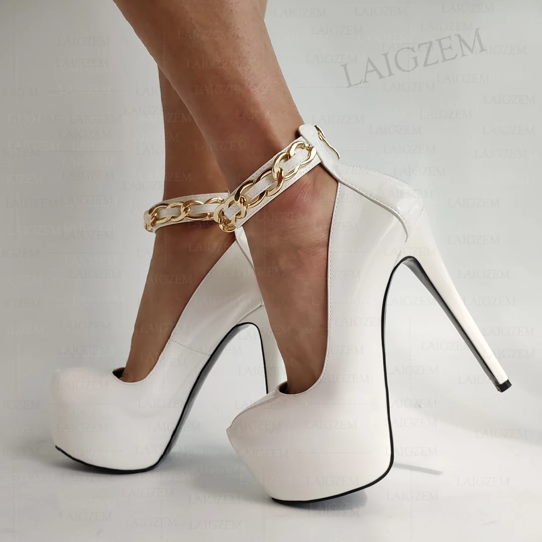 

DOHBANER Женские туфли-лодочки с блестящим круглым носком и металлическими цепочками на молнии сзади, сандалии на тонком высоком каблуке, женская обувь на платформе, готическая обувь, большой размер 38, 43 48