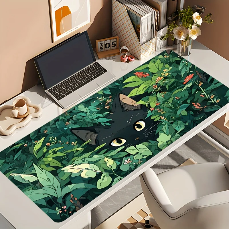 

Large Black Cat Gaming Mouse Pad Cute Rubber Desk Mat Lush Greenery Oversized Gaming Desktop Computer Table Mouse Mat 900x400