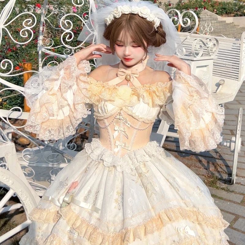 Original Sweet Lolita Short Dress Women\'s Slim Fit Lace Removable Long Sleeve White Dress Bridal Wedding Party Dress Vestidos