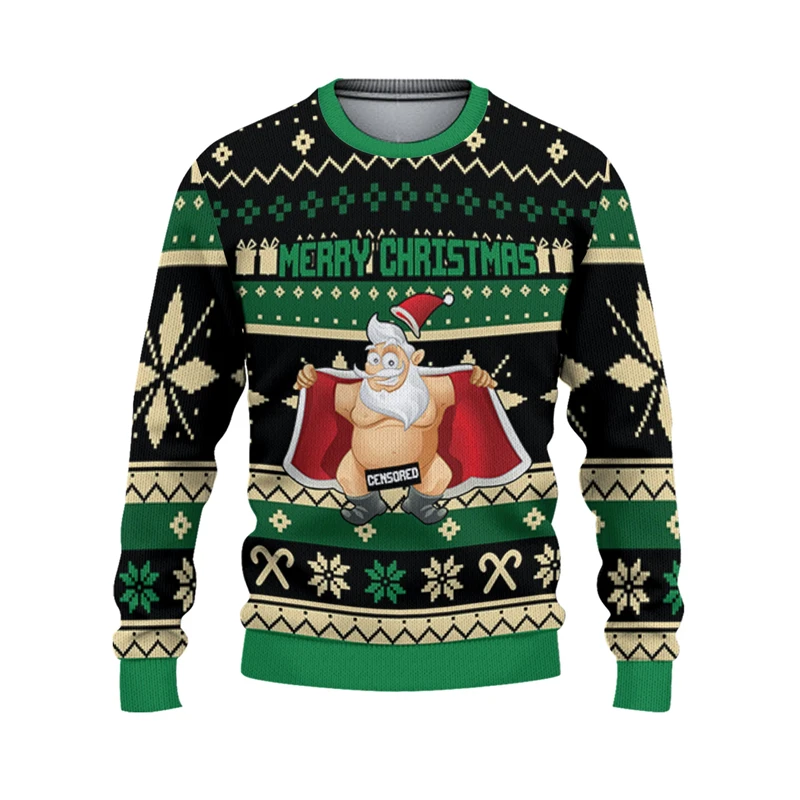 Ugly Christmas Sweater Men Funny Santa Claus Graphic Print Winter Fashion Pullover Casual Warm Oversized Sweatshirt