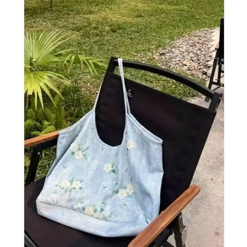 Bloom Floral Embroidery Blue Denim Handbag Women Fairy Core Aesthetic Y2k Shoulder Bags Female Large Capacity Underarm Bag