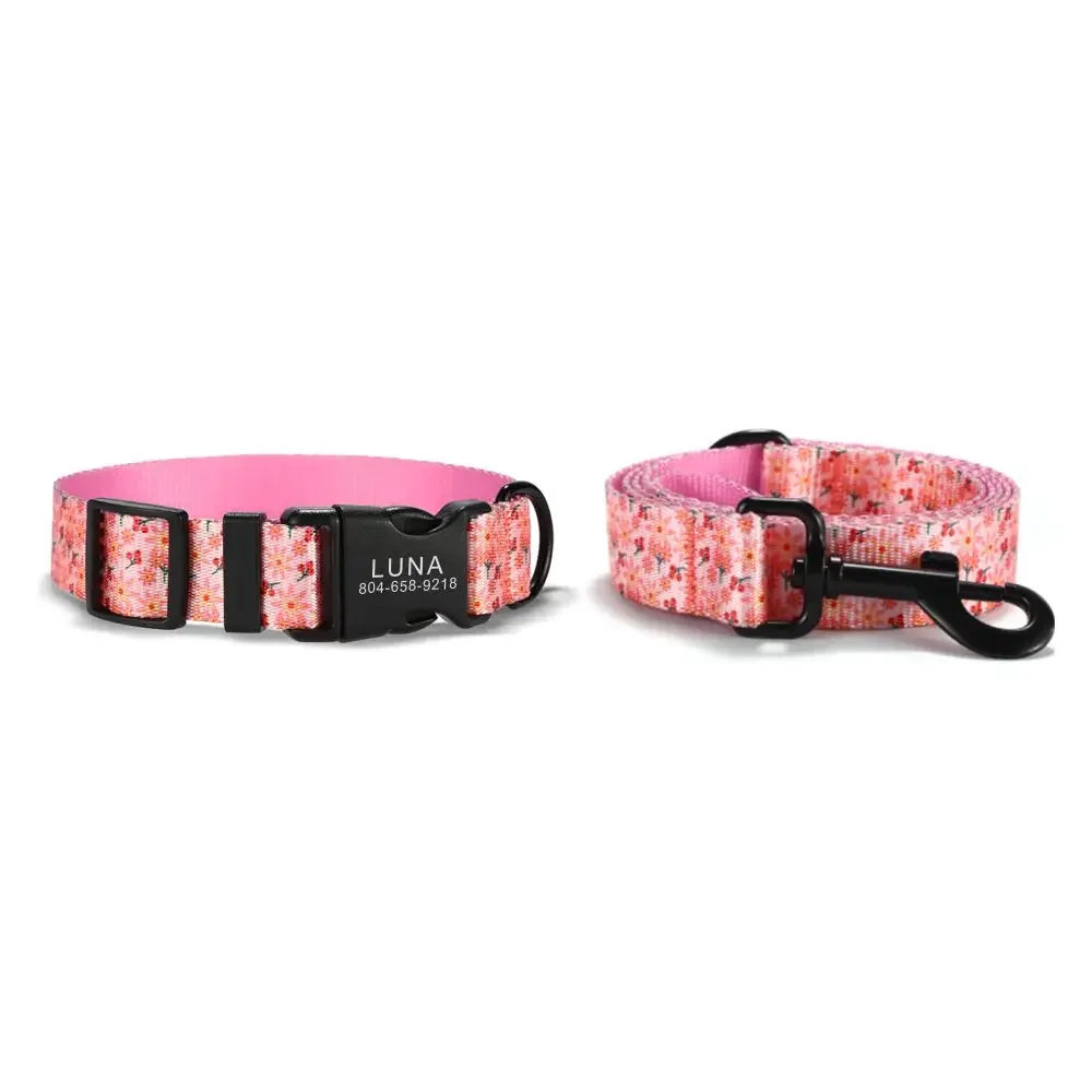 

Personalized Pet Collar, Customized Nameplate ID, Adjustable Pink Flower, Cherry Soft Fiber, Cat and Dog Collars, Lead Leash