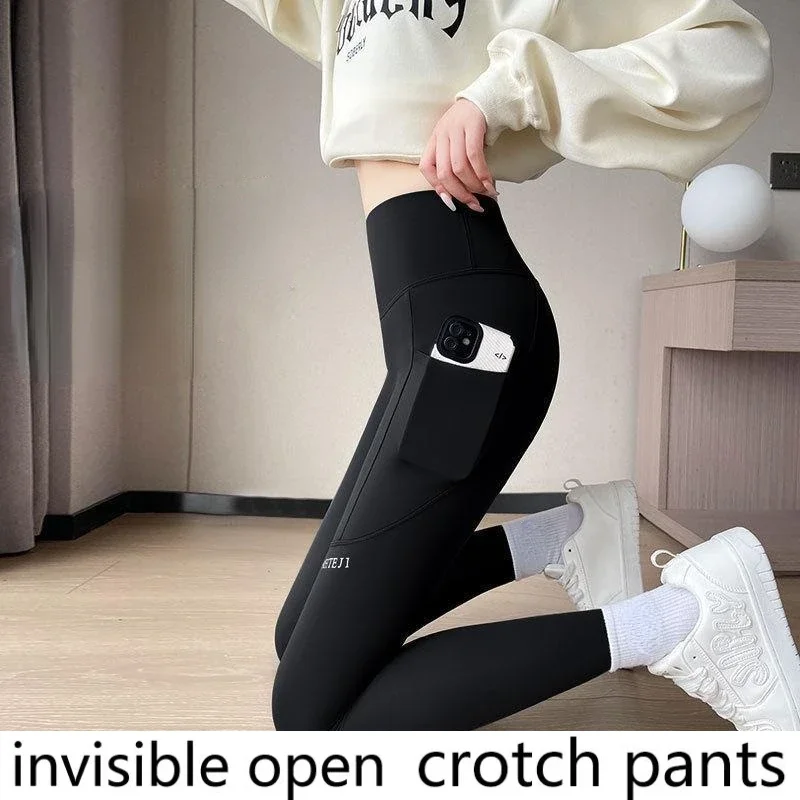 Invisible open crotch pants, leggings, spring and autumn high waisted hip tight pants, yoga, fitness, Barbie pocket shark pants