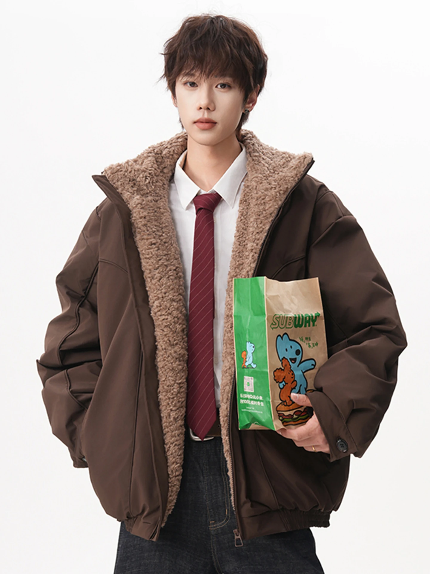 

Мужская зимняя утепленная свободная куртка-пуховик с воротником-стойкой, комбинированная, с искусственным мехом ягненка, теплая, морозостойкая, из хлопка и полиэфирного волокна