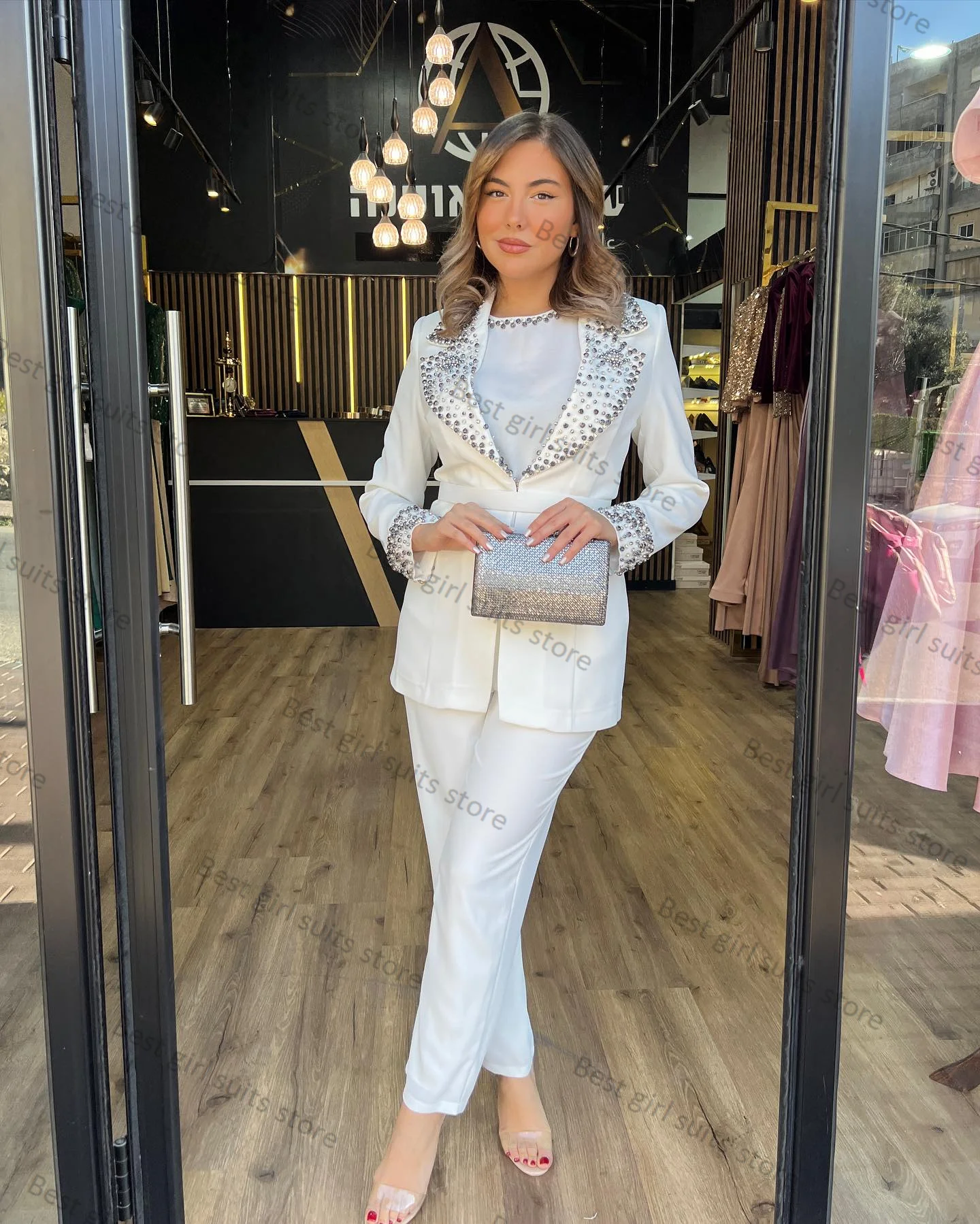 

White 2 Piece Women Suit Pants Set Jacket+Trouser Luxury Crystals Beaded Guest Blazer Wedding Tailored Formal Office Lady Coat