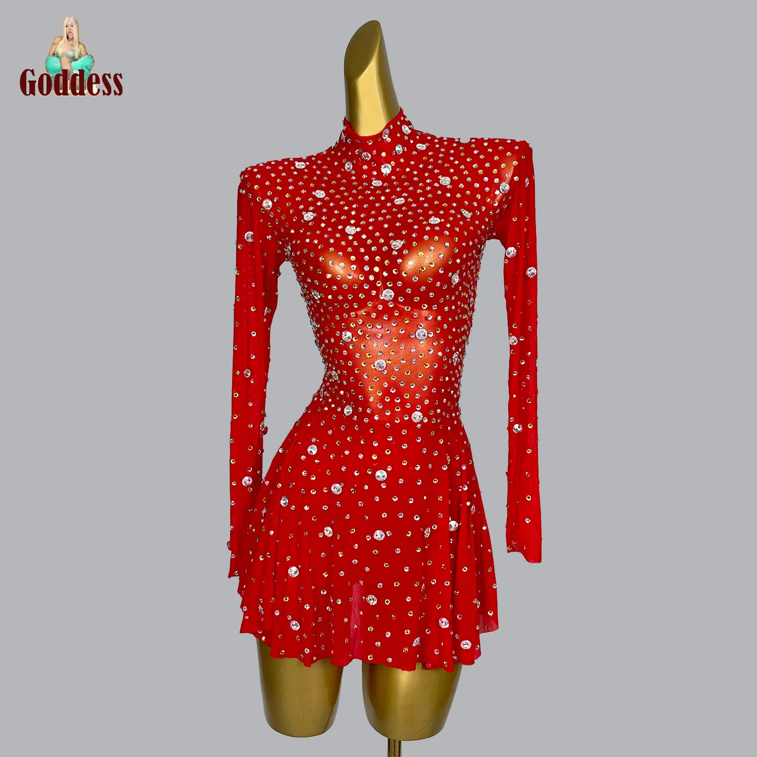 

Sexy Birthday Celebrate Party Mini Dress Rhinestones Sheer Mesh Pleated Dress Club Stage Show Wear Photo Shoot Costume for Women