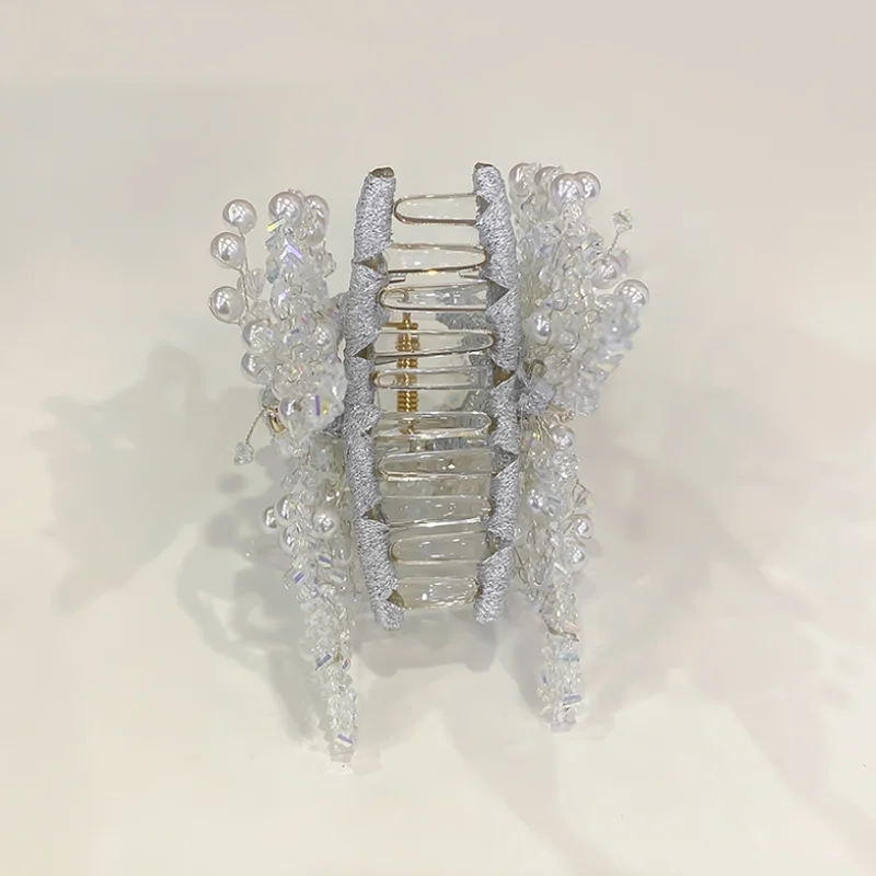 Crystal Pearl Tassel Hair Claw for Women Luxury Hand‑Beaded Bow Hair Clip Bridal Wedding Hair Accessories Ponytail holder