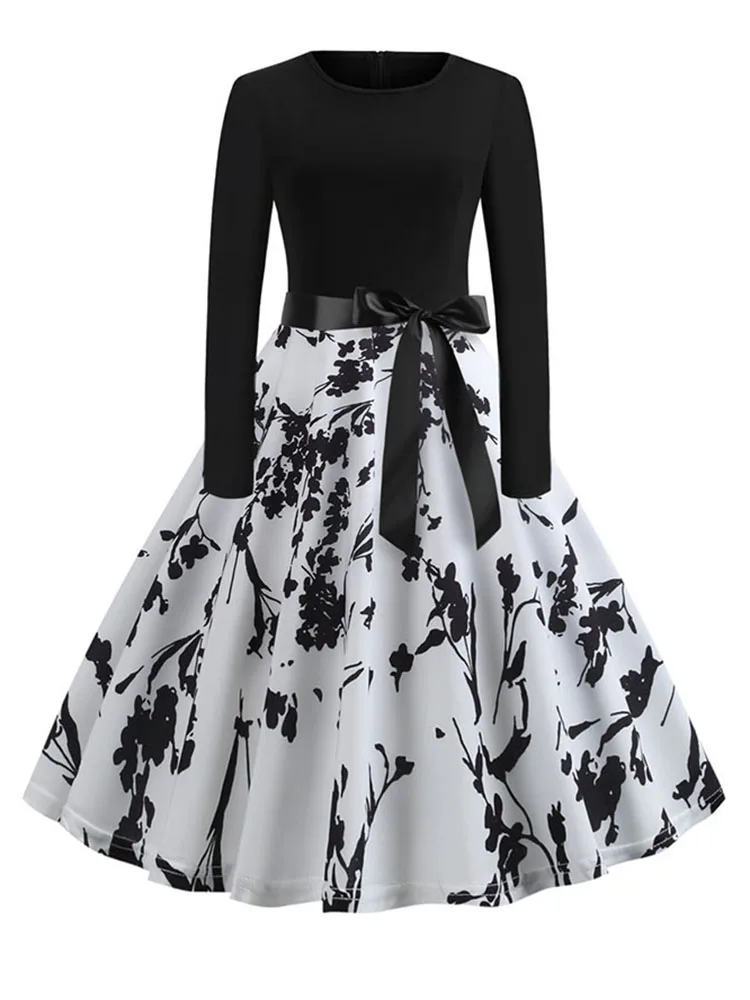 Music Note Print Elegant Party Dress Women Retro Vintage Casual Spring Autumn Midi Dresses