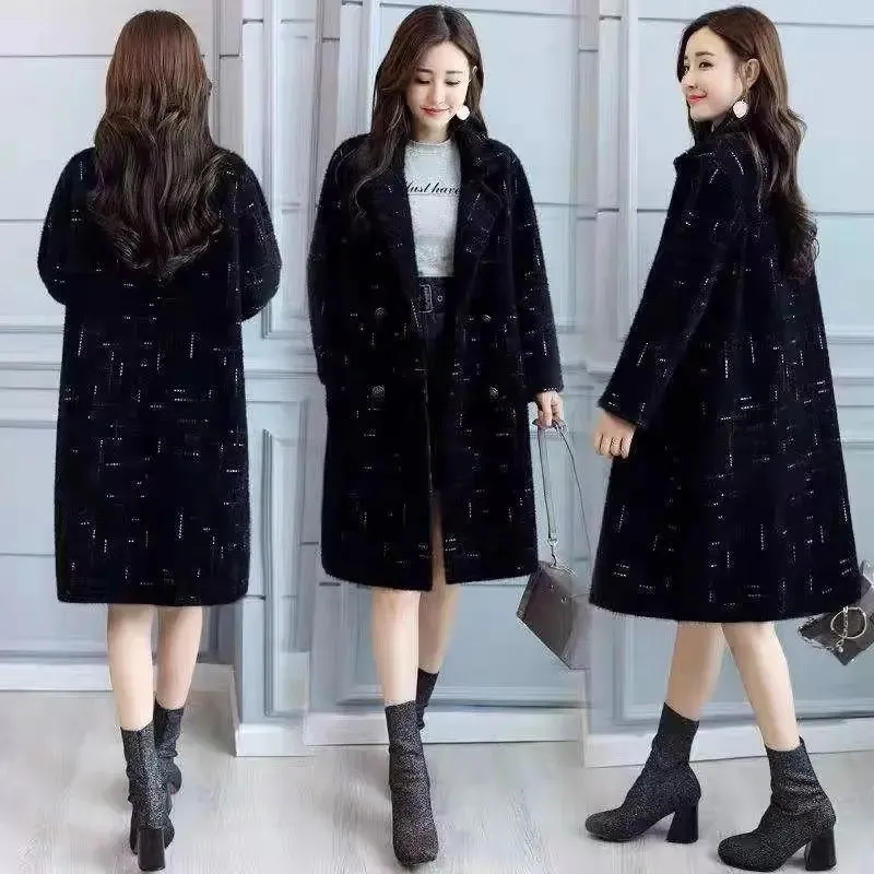 Fashion New Thick Imitation Mink Velvet Women Woolen Coat Autumn Winter Jackets Double Breasted Suit Collar Female Outwear