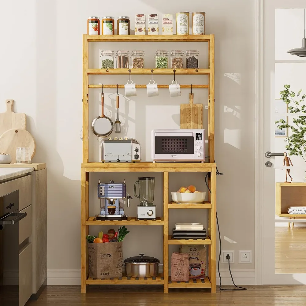 

Bakers Rack with Power Outlets, 8-Tier Microwave Stand, Kitchen Utility Storage Shelf 10 S-Shaped Hooks, Coffee Bar Table