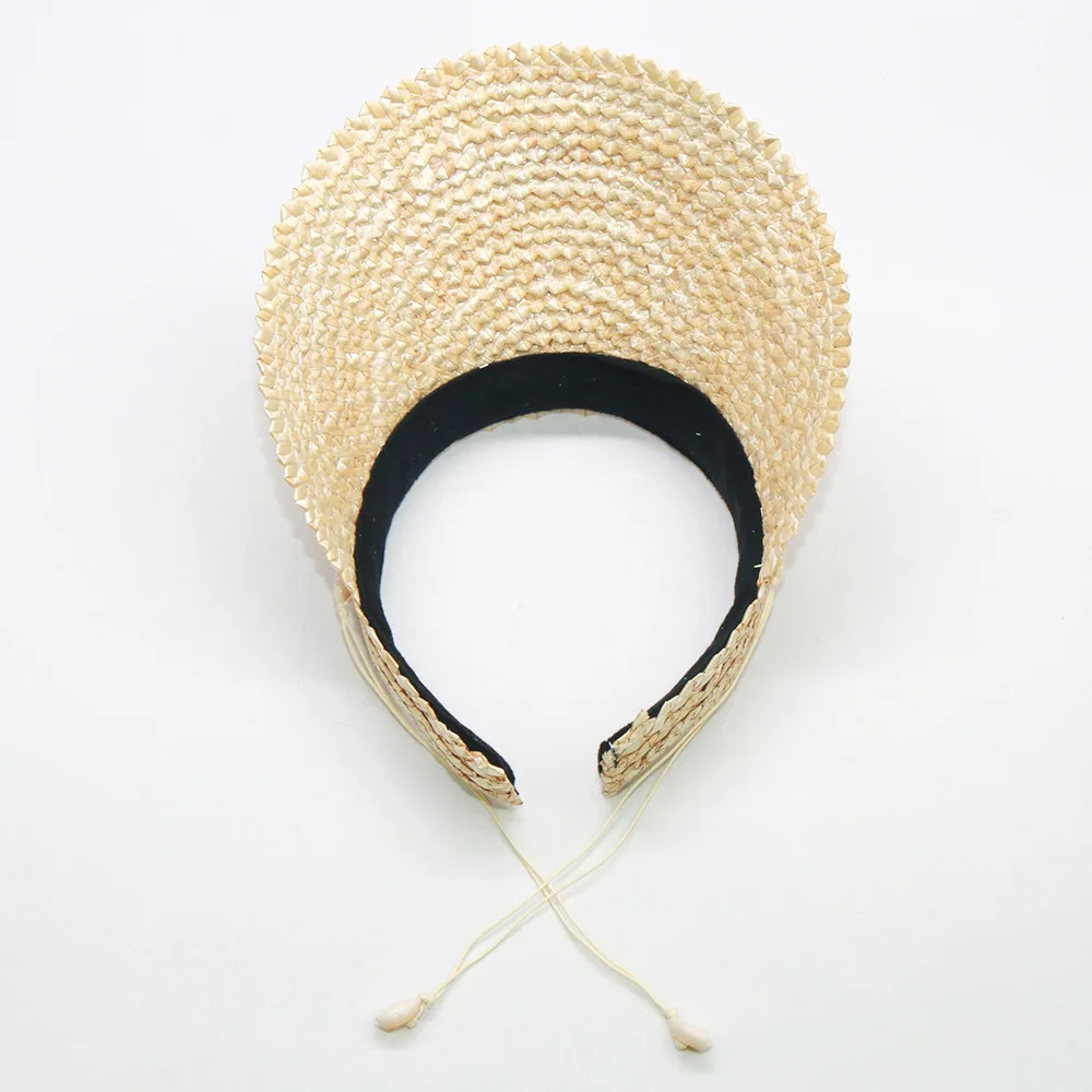 Handmade Wolf Tooth Grass Shell Visor Straw Hat, Elastic Headband Sun Cap for Women, Export view 5