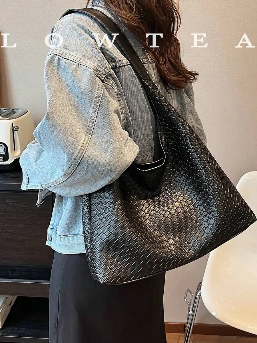 

Черная плетеная сумка-тоут из искусственной кожи с магнитной застежкой для женщин, сумка через плечо в стиле хобо