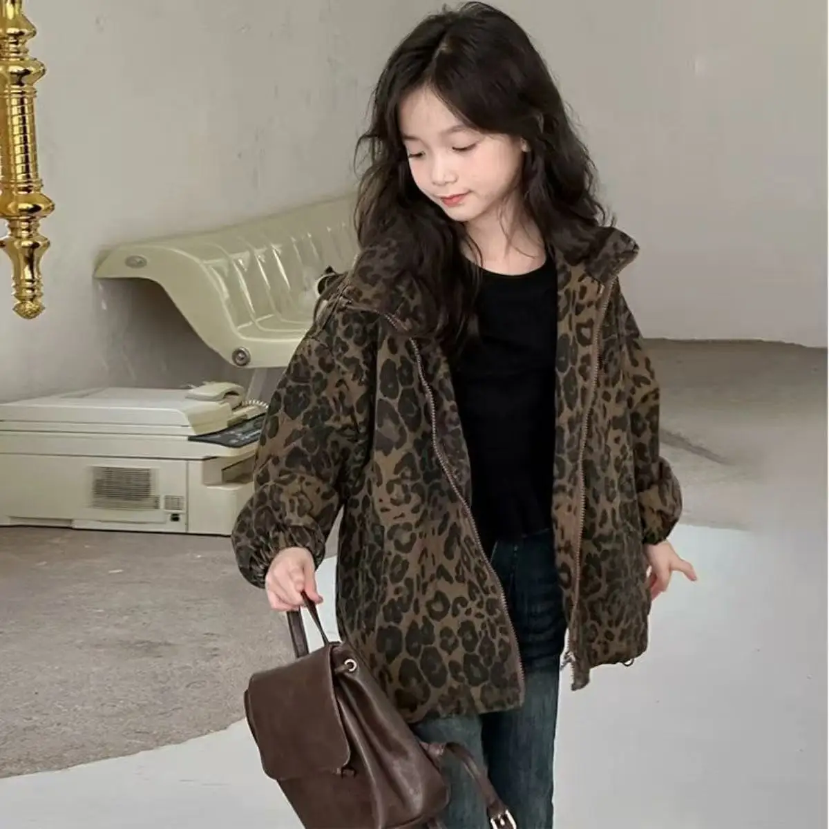 

Children's Leopard Print Jacket Spring and Autumn New European and American Girl Casual Jacket Zipper Jacket