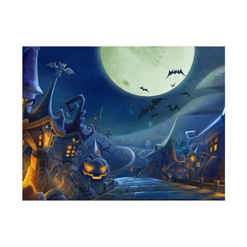 For Halloween Photo Backdrop Pumpkin Scary Night Full Moon Photography Background Spray Painted Horizontal Vertical Version