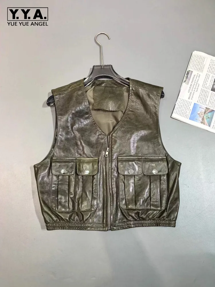 

Autumn New Style V-Neck Genuine Oil Wax Leather Women Vests Slim Fit Waistcoat Pocket Real Sheepskin Fashion Casual Short Vest