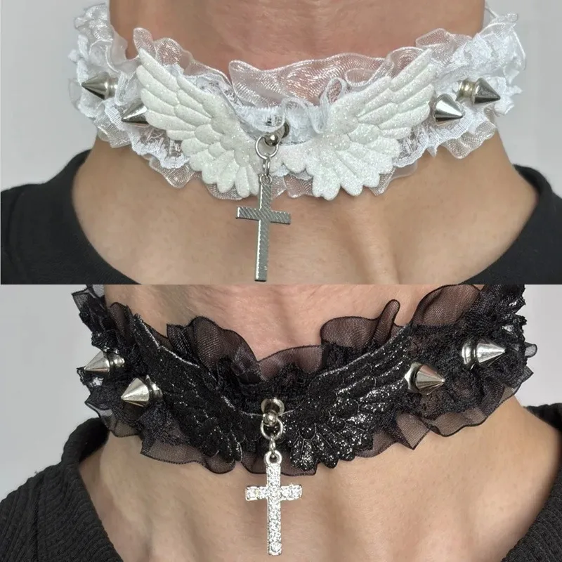 جديد الكورية الأبيض مطاطا المختنق الدانتيل قلادة القوطية الشرير بلينغ أجنحة الملاك الصليب القلائد لوليتا تأثيري أدوات مجوهرات الأزياء #1