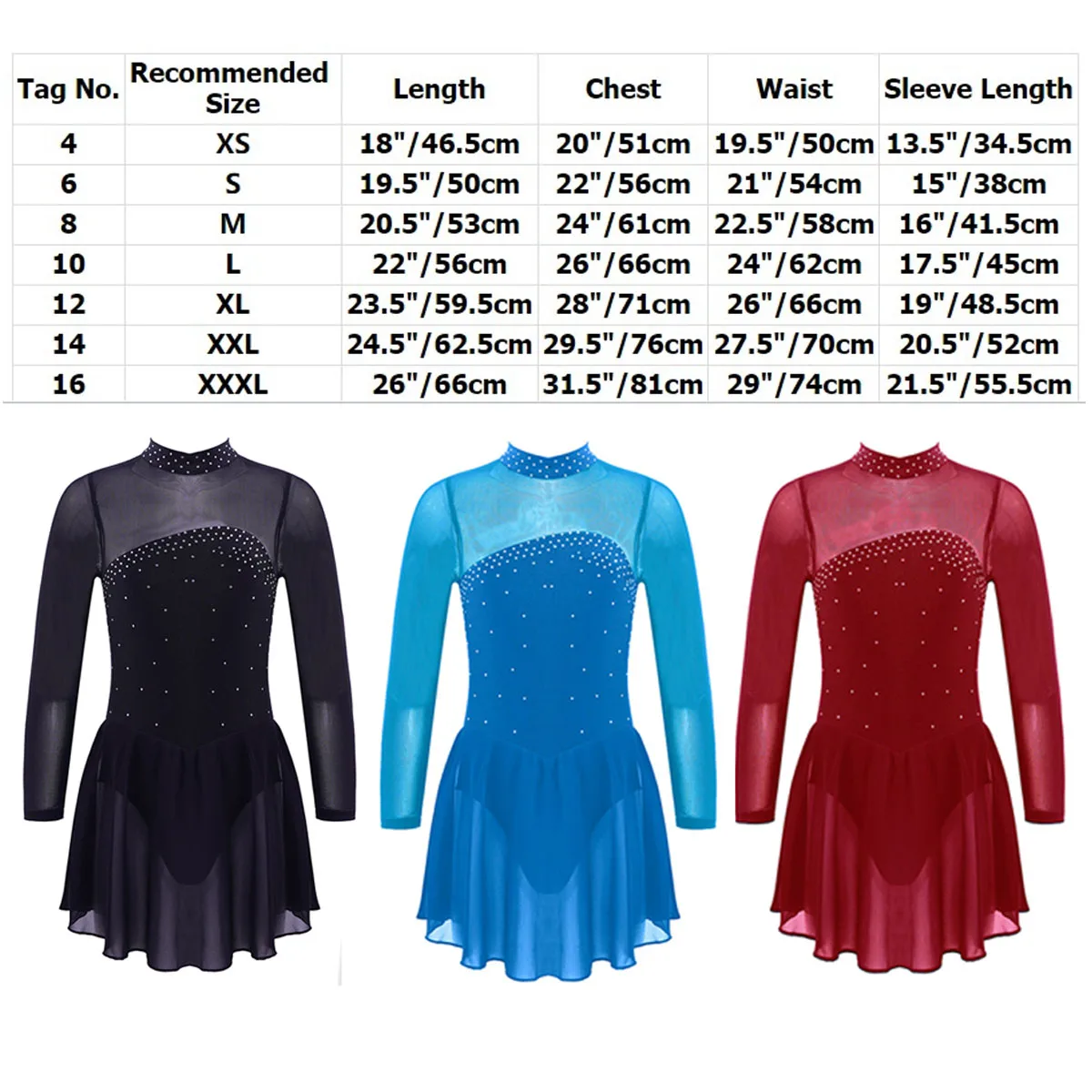 Girls Figure Ice Skating Dress Roller Skating Gymnastic Leotard Diamonds Mesh Long Sleeves Tulle Splice Ballet Dance Costume