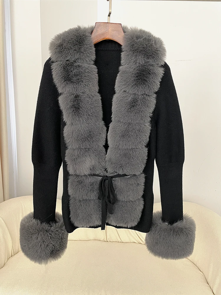 

FURYOURSELF 2025 Cotton Women Coat Warm Faux Fox Fur Collar Knitted Sweater Elegant Cardigan Jacket Elegant Cardigan Overcoats