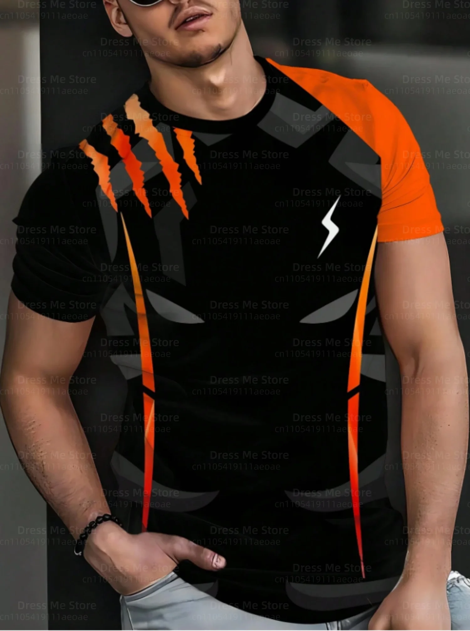 

2025 Men Crew Neck Orange Striped Short Sleeve Tee, Unique Lightning Bolt men Graphic Street Style Stylish Short Sleeve T-Shirt