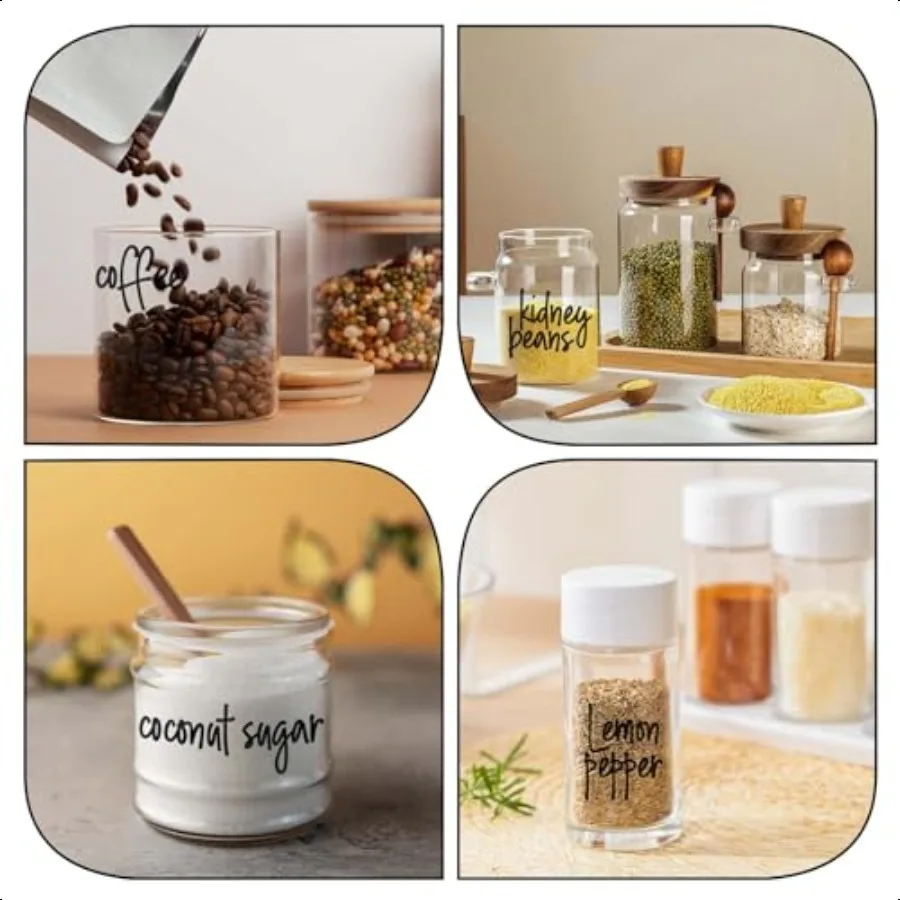 168 قطعة من ملصقات مخزن لحاويات تخزين المواد الغذائية، ملصقات مقاومة لزيت الماء مطبوعة مسبقًا لمرطبانات تنظيم المطبخ B