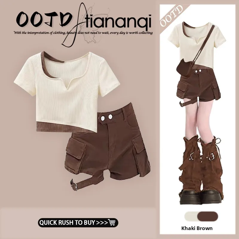 

Весенний комплект 2026: облегающий вязаный кардиган и шорты, винтажный универсальный женский модный ансамбль из двух предметов