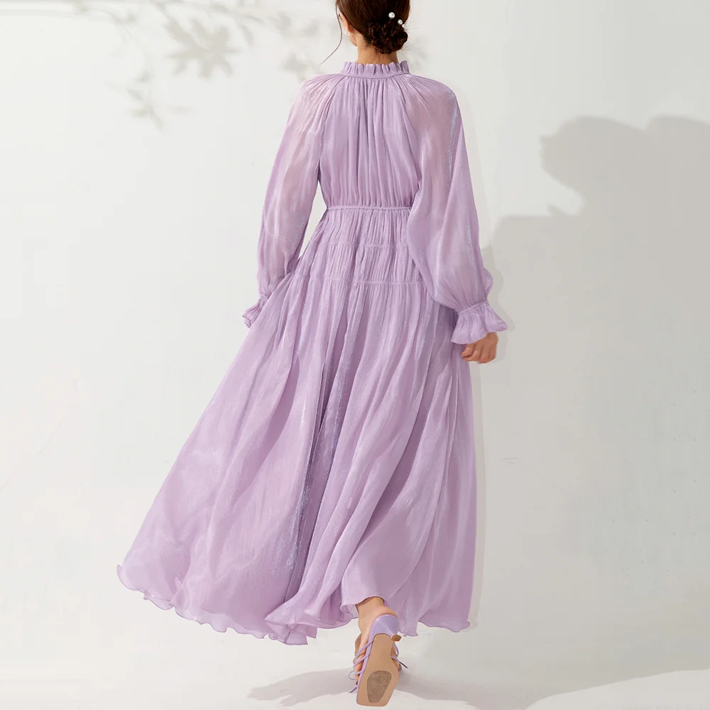 Customized Simple Violet A-Line Long Sleeve V-Neck Ankle-Length Evening Dress Pleat High Waist Party Gown فساتين مناسبة رسمية