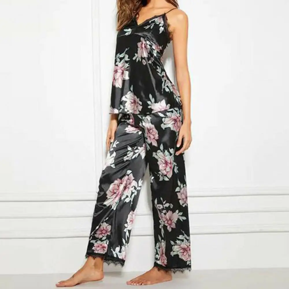 Conjunto de pijama de 2 piezas para mujer, ropa de dormir con cuello en V, chaleco de encaje con estampado Floral, pantalones largos con tirantes, camisón Sexy, vestidos de noche