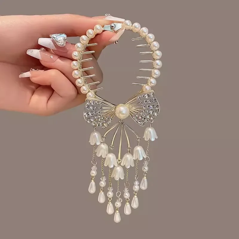 Retro Bell Orchid Flower Hair Clip Women Bowknot Tassel Hair Claw Girls Elegant Crystal Ponytail Buckle Hair Accessories Korean