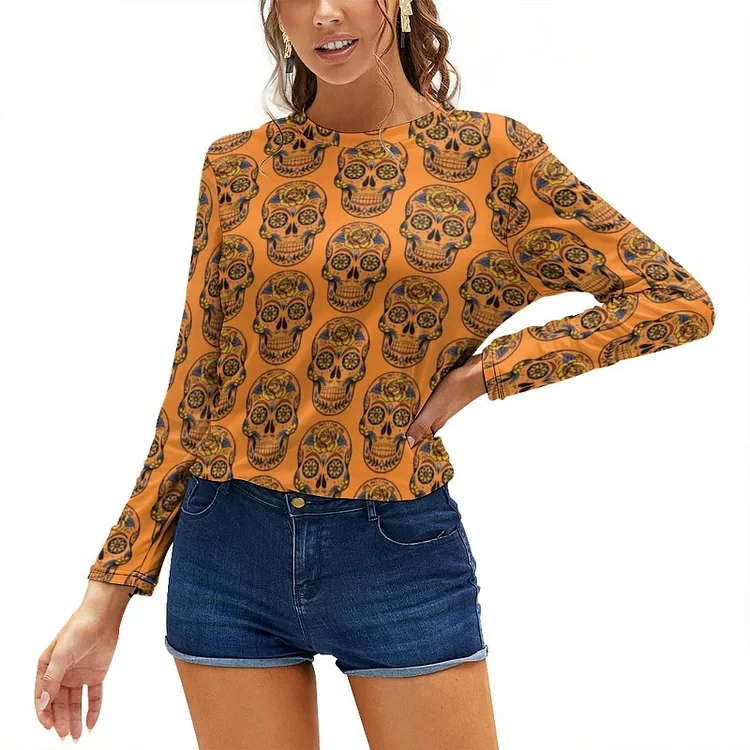 Women's 2024 Horror Halloween Print Round Neck Long Sleeve Party Autumn Casual Pullover 3d Pumpkin Candy Halloween Print Top