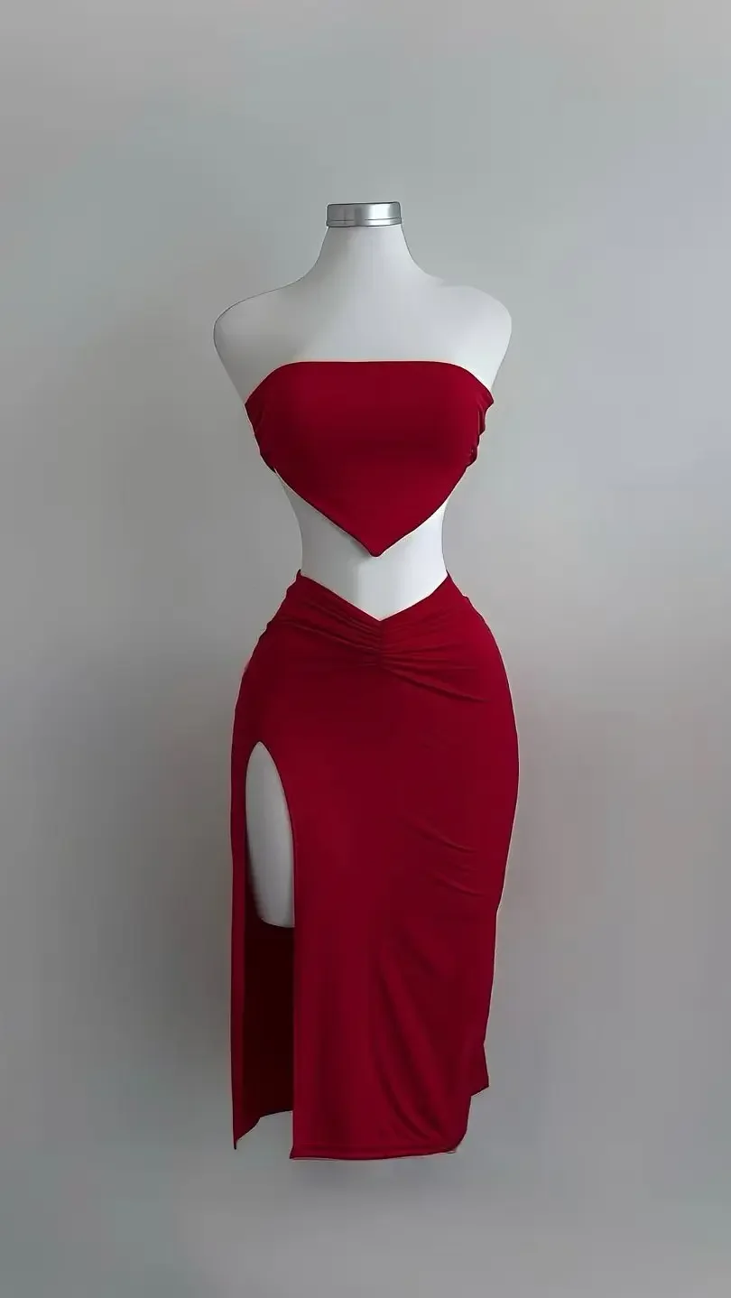 Conjunto de moda de media falda de color sólido sin tirantes con abertura sexy para mujer novedad de verano 2026