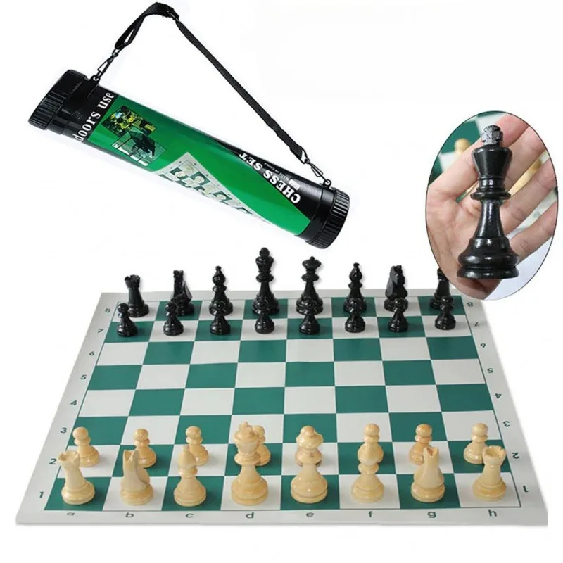 42x42cm Outdoor Travel Chess Plastic Leather Black and White Pieces Barrels Three-dimensional Pieces Portable Chess