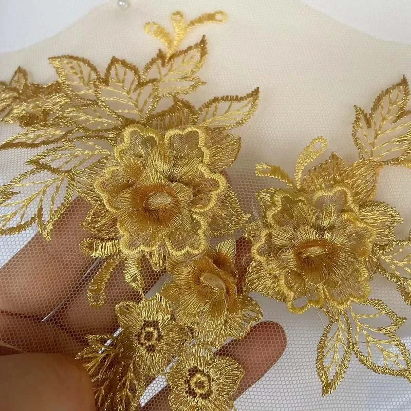 1Pair=2PCS/19*15CM  3d Flower Bride Lace Fabric Embroidery Appliques Sew On Patch,Small Embroidered Flowers For Dresses,Skirt