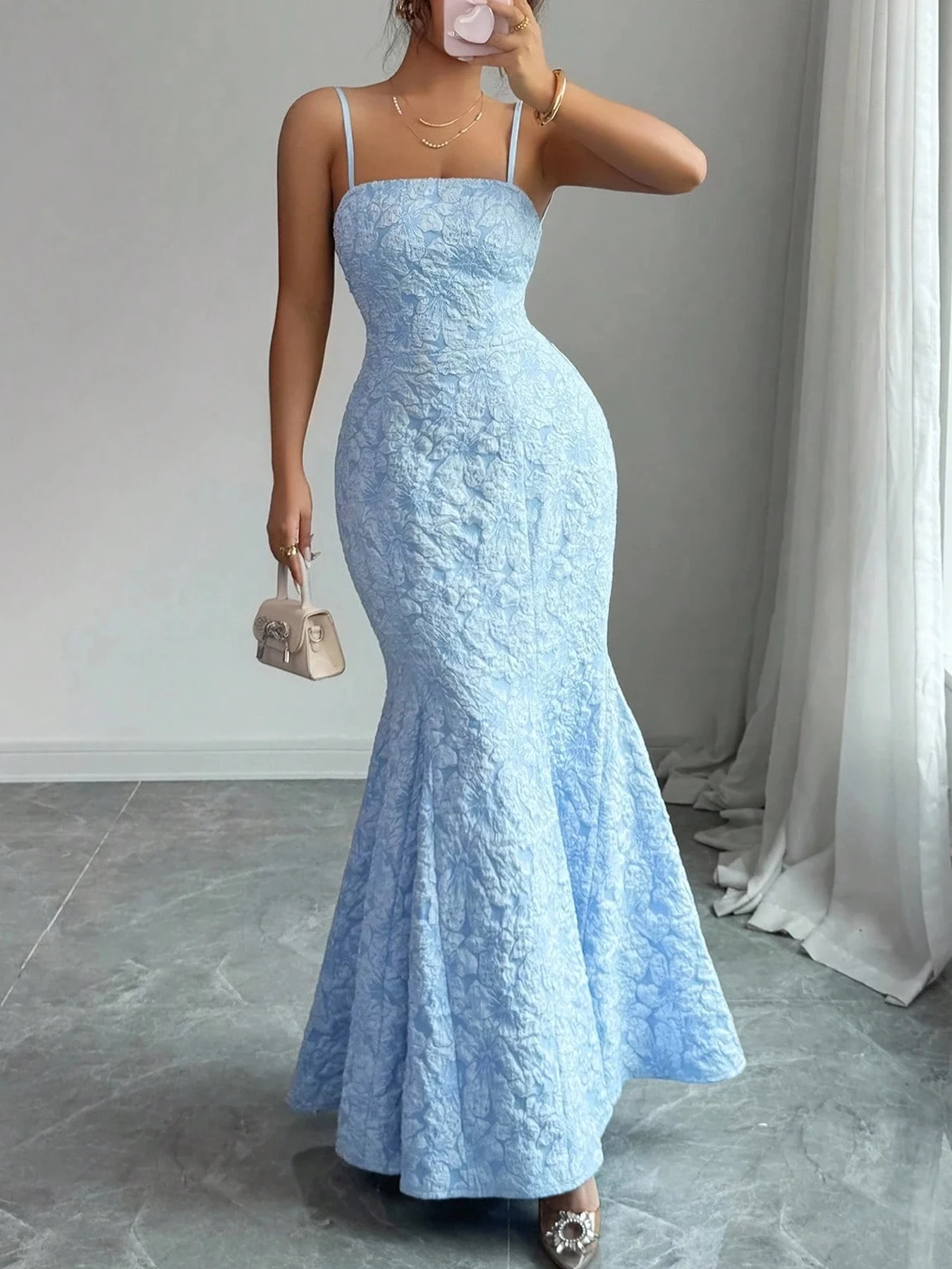 Women's Spring Summer Light Blue Spaghetti Strap Strapless Jacquard Mermaid Maxi Evening Party Dress